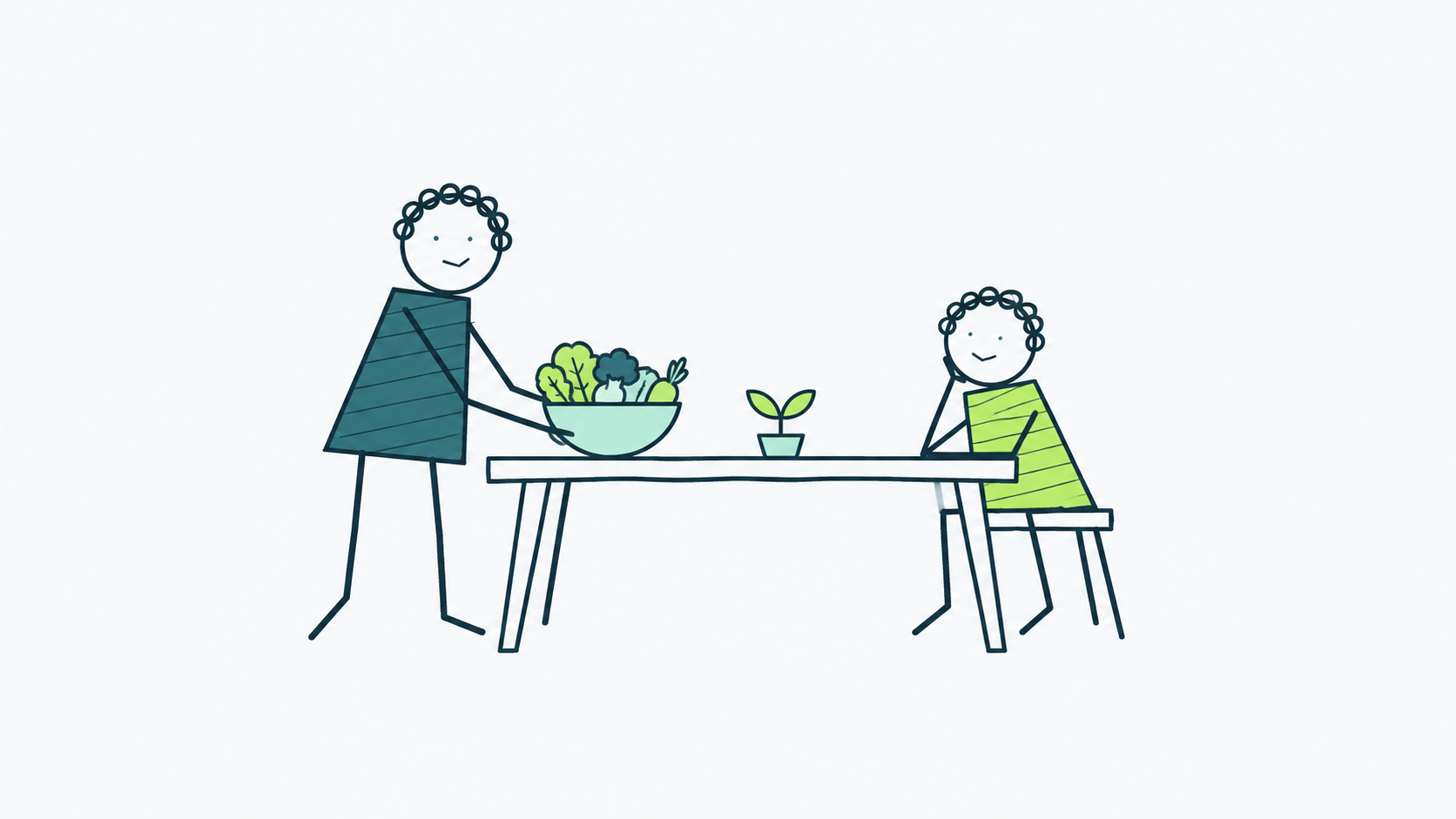 Alimentos compartidos en una mesa, ilustración editorial